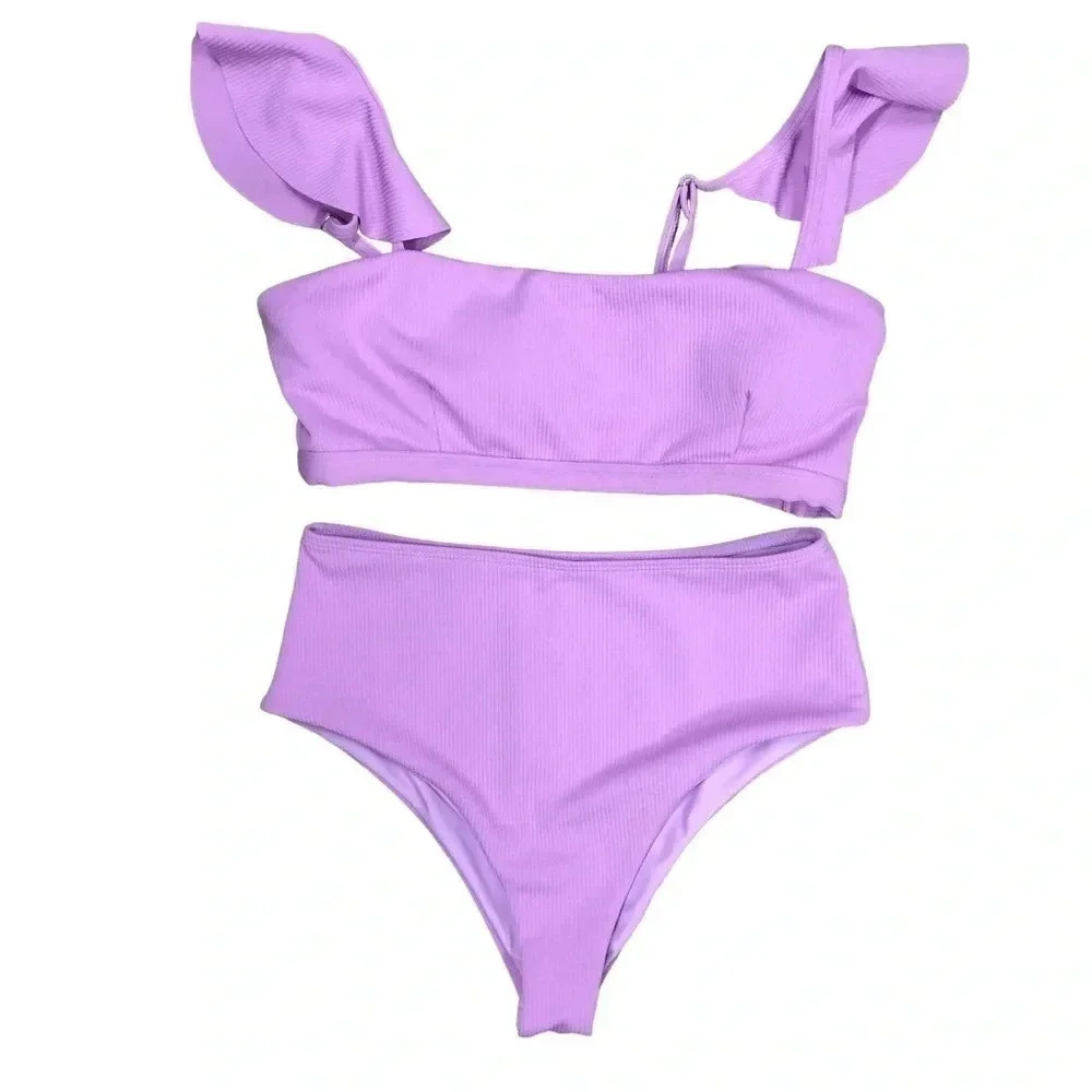 Lilac purple high waisted bikini 2 Piece Size Medium Ruffle straps EUC